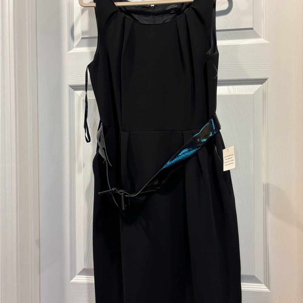 Tahari Black and Blue Tie Front Sheath Midi Dress
